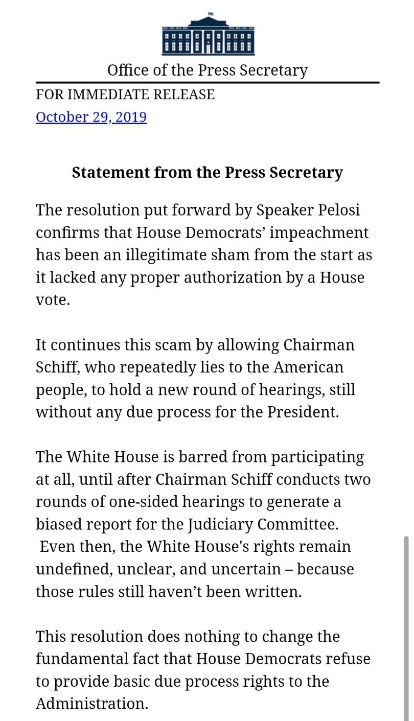 Breaking White House Responds To Pelosis Impeachment Resolution The Right Scoop 