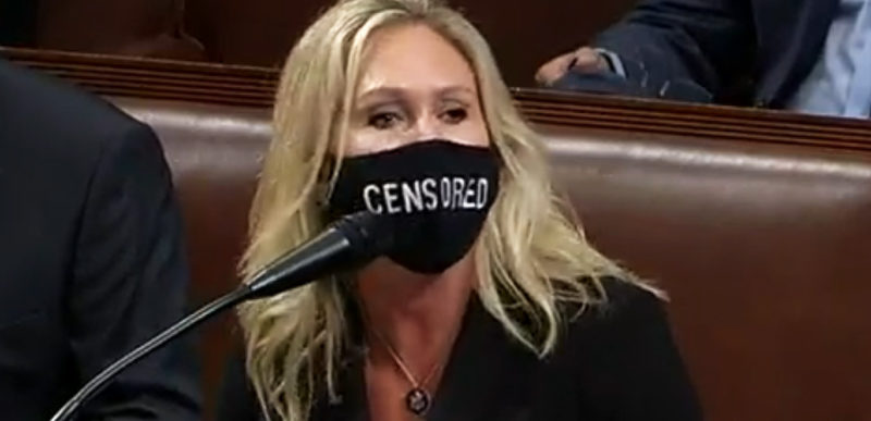 Marjorie Taylor Greene wears mask that says censored